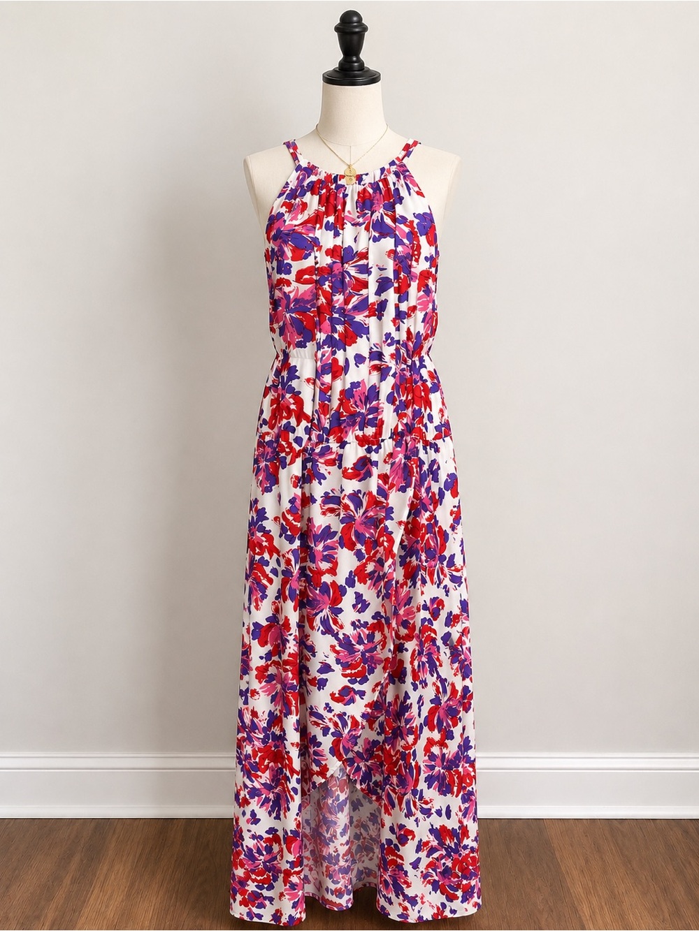 First Love White Maxi Dress with Red & Purple Floral Print